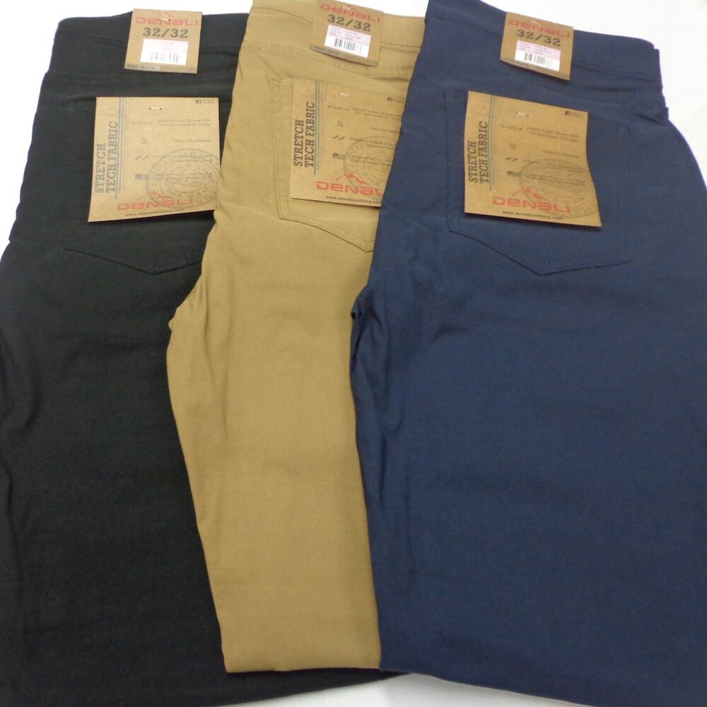 Denali 32-32 Lot of 3 Moccasin Brown Black & Blue Mens Tech Stretch Fabric Pants